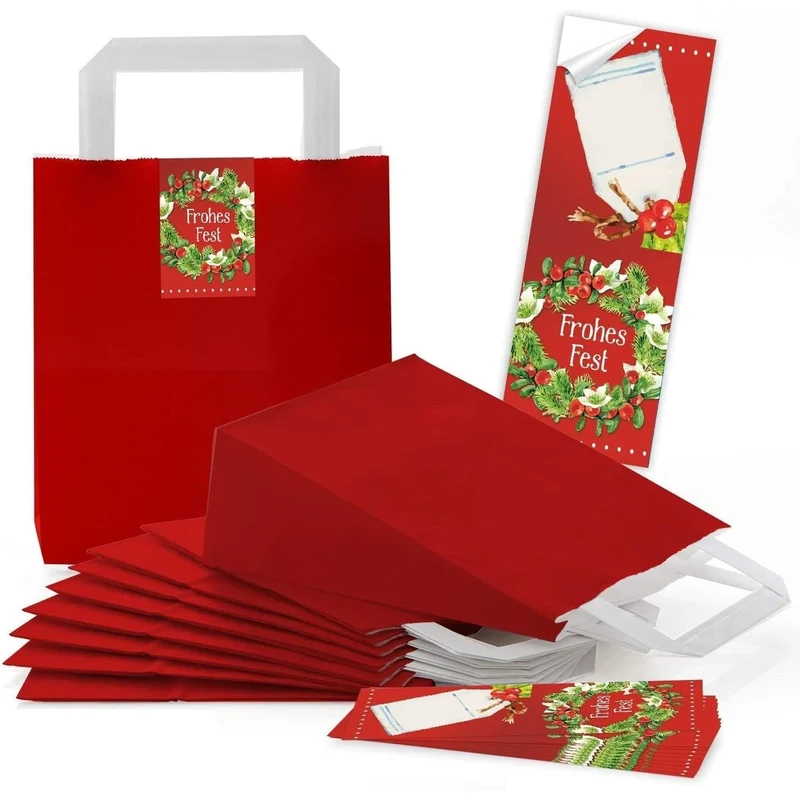 Rote Henkeltüten 18 x 8 x 22 cm mit Weihnachtsbanderolen Lebkuchenmann, Mistelzweig & Co.