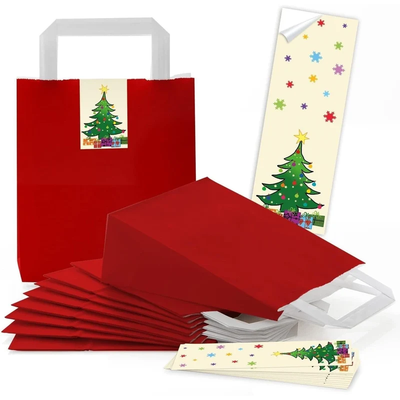 Rote Henkeltüten 18 x 8 x 22 cm mit Weihnachtsbanderolen Lebkuchenmann, Mistelzweig & Co.