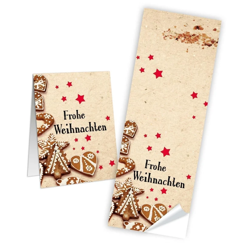 50 Weihnachtsaufkleber FROHE WEIHNACHTEN Aufkleber Lebkuchen rot beige natur Plätzchen Sticker 5 x 14,8 cm selbstklebende Etiketten für Papiertüten Geschenktüten als Verpackung