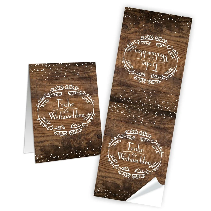 100 Weihnachtsaufkleber Geschenk-Aufkleber FROHE WEIHNACHTEN braun weiß Holz-Optik rustikal 5 x 14,8 cm - Verpackung Geschenke Papiertüten zukleben Sticker Banderolen alt vintage