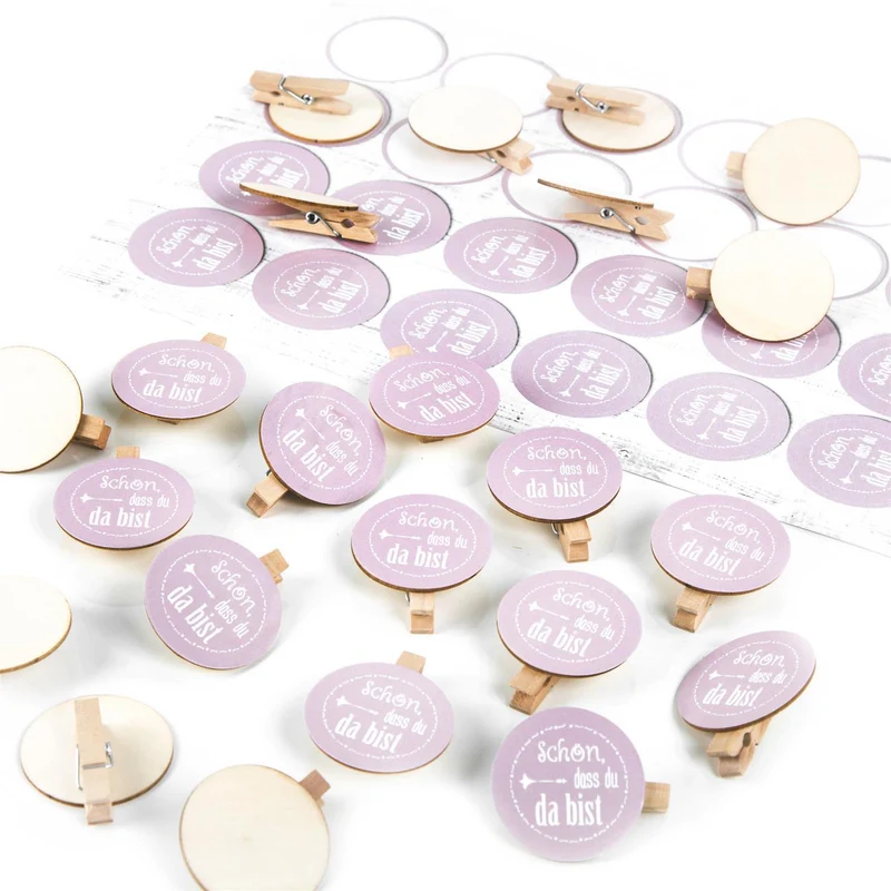24 Klammern aus Holz natur + Aufkeber Schön dass du da bist - rosa - Give-Away Gastgeschenk Deko Hochzeit