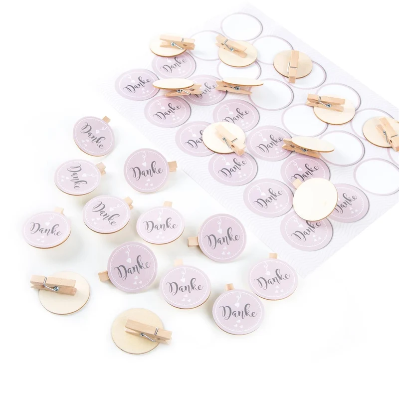 24 rosa Dankesaufkleber Danke + 24 Holzklammern mit runder Holzscheibe Deko Gastgeschenk Hochzeit DIY