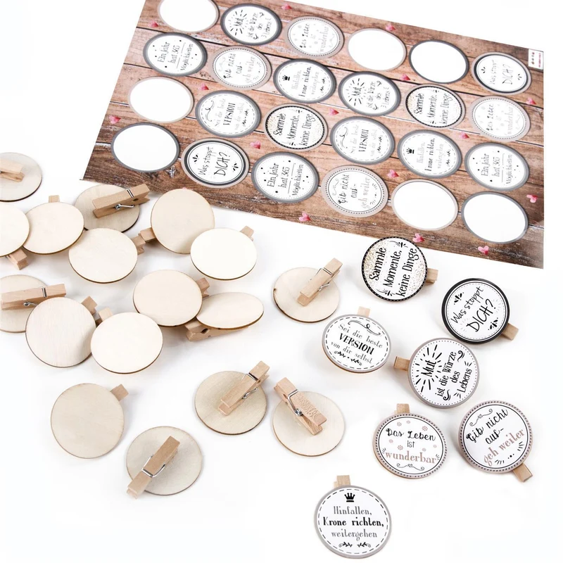 24 Aufkleber mit Sprüchen Motivation + 24 Holzwäscheklammern - Motivationsaufkleber Belohnung Mut machen - beige grau