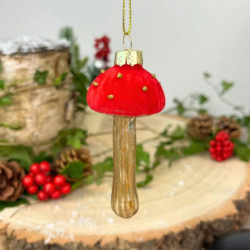 Red & Gold Toadstool Christmas Bauble | Glass Mushroom Tree Ornament - 9cm