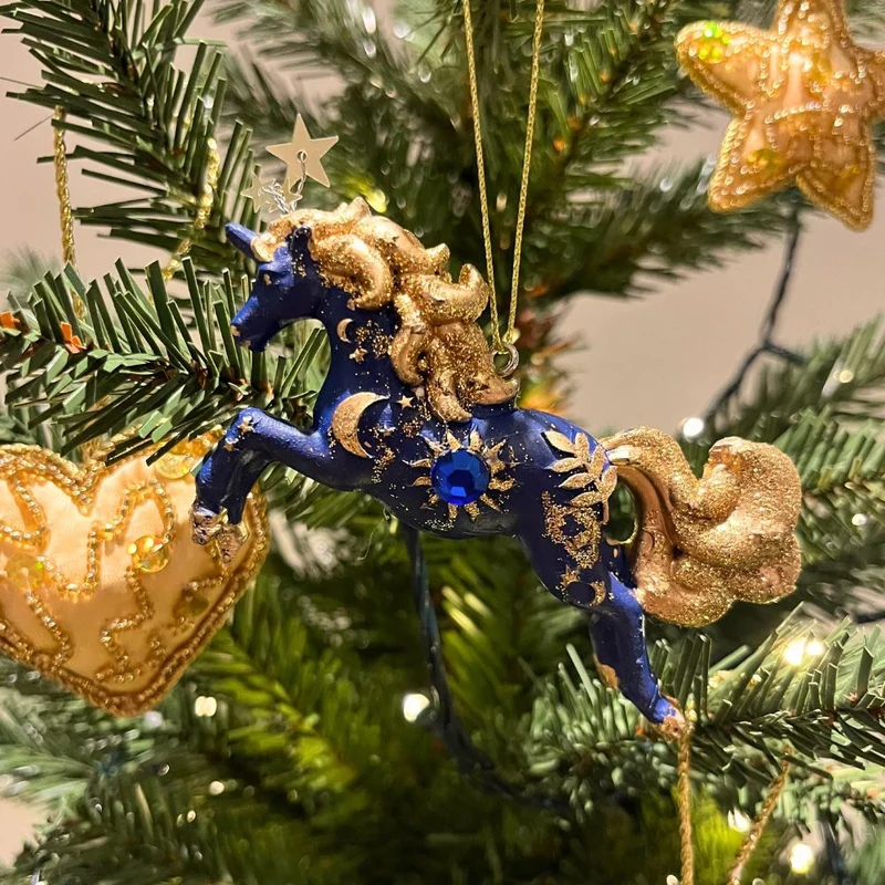 Blue & Gold Unicorn Christmas Bauble | Unicorn Christmas Tree Ornament - 10cm
