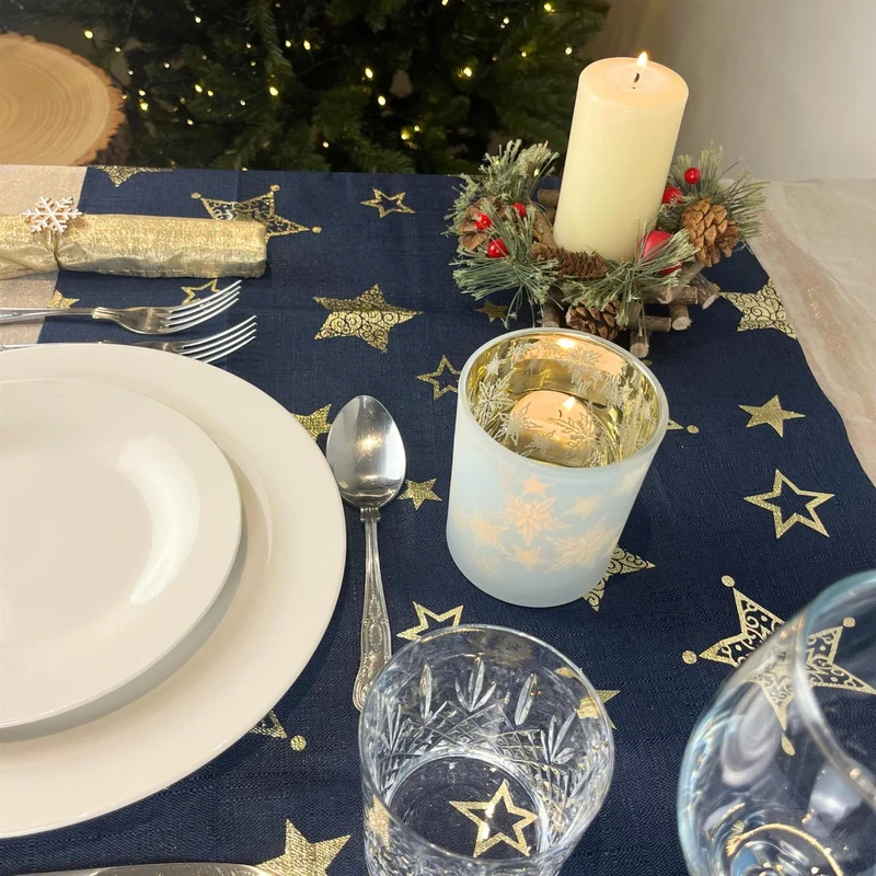 Navy Blue & Gold Table Runner | Fabric Christmas Table Runner - 45x150cm