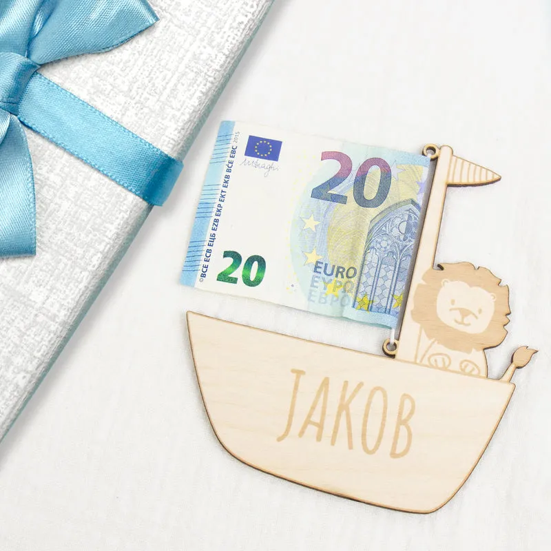 Geschenkkarte - Holz - Geldgeschenk Taufe - Löwe - Wunschname