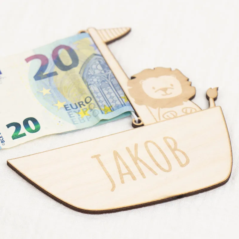Geschenkkarte - Holz - Geldgeschenk Taufe - Löwe - Wunschname