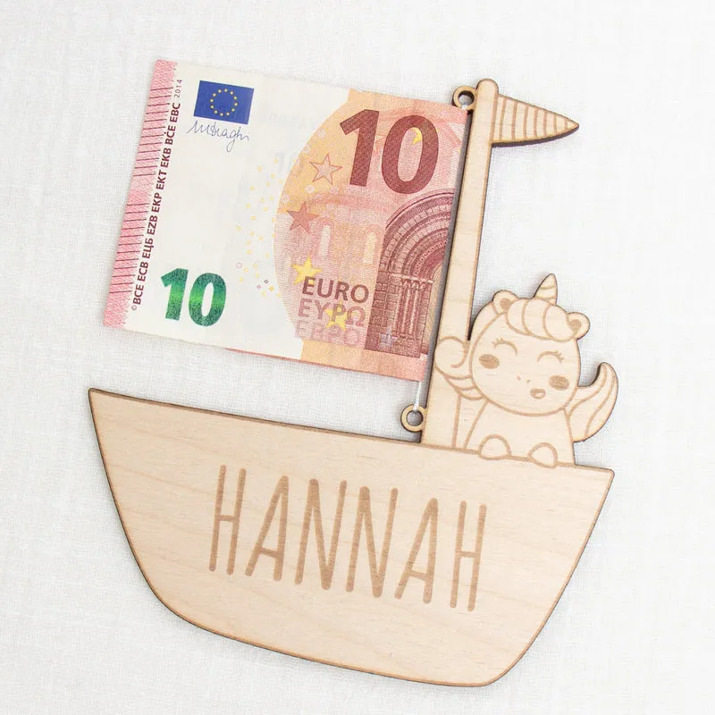 Geschenkkarte - Holz - Geldgeschenk Taufe - Einhorn - Wunschname