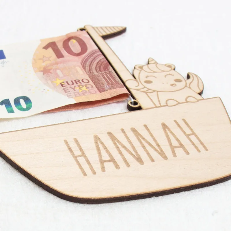 Geschenkkarte - Holz - Geldgeschenk Taufe - Einhorn - Wunschname