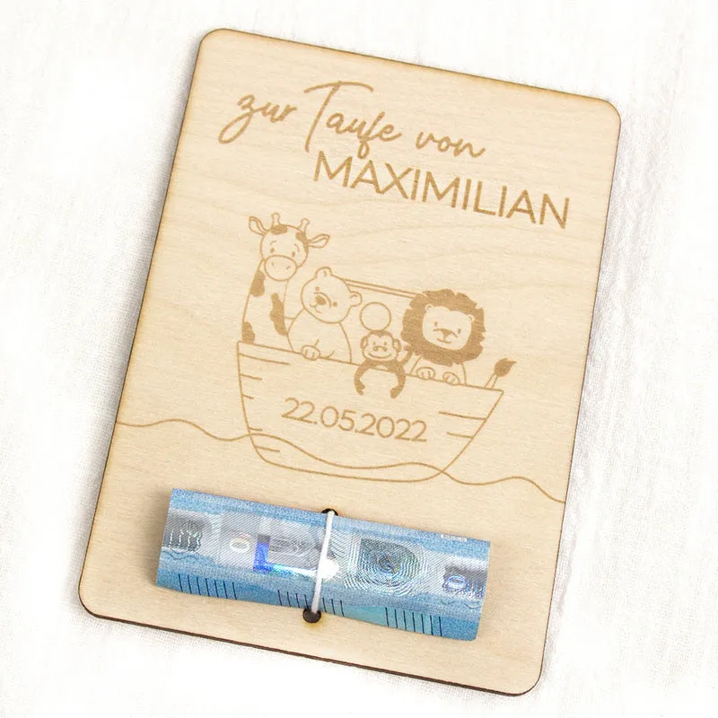 Geschenkkarte - Holz - Geldgeschenk Taufe - Arche Noah - Wunschname