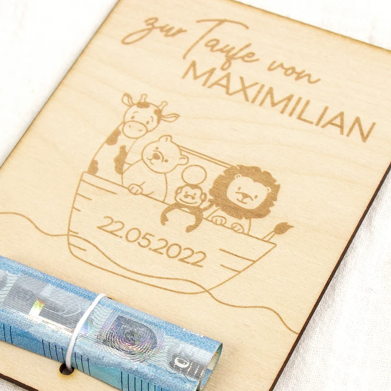 Geschenkkarte - Holz - Geldgeschenk Taufe - Arche Noah - Wunschname