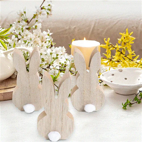 Logbuch-Verlag 5 Osterhasen aus Holz m. Puschel Natur weiß Vintage Landhausstil Deko Ostern Holzdeko Osterdeko Figur Hase Frühlingsdeko braun 12 cm