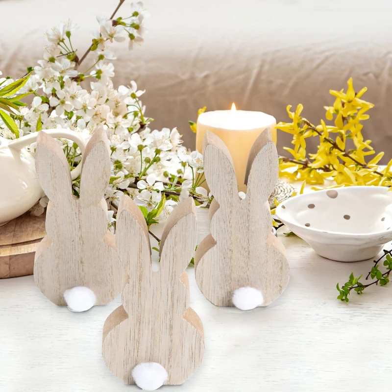 Logbuch-Verlag 5 Osterhasen aus Holz m. Puschel Natur weiß Vintage Landhausstil Deko Ostern Holzdeko Osterdeko Figur Hase Frühlingsdeko braun 12 cm