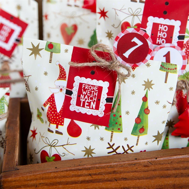 Adventskalenderzahlen Aufkleber rund 4 cm rot weiß kariert mit Zahlen 1 - 24