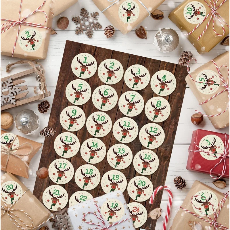 24 Adventskalenderzahlen Aufkleber 1 - 24 mit Rentier beige braun