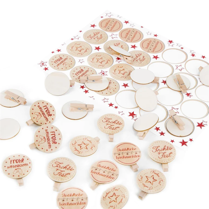 24 Frohe Weihnachten Aufkleber + Holzklammern - Weihnachtsklammern Geschenkverpackung Deko braun rot