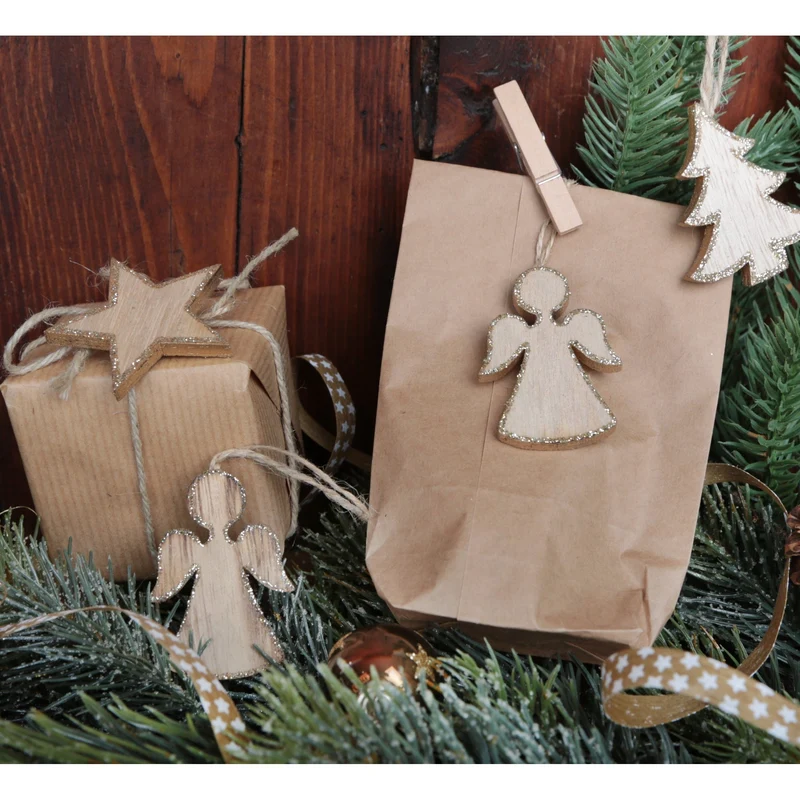 2 x 12 kleine Holz Weihnachtsanhänger 5 cm BAUM ENGEL STERN natur Glitzer GOLD Baumschuck Christbaumanhänger Anhänger Weihnachts-Deko Christbaumschmuck Baum-Behang