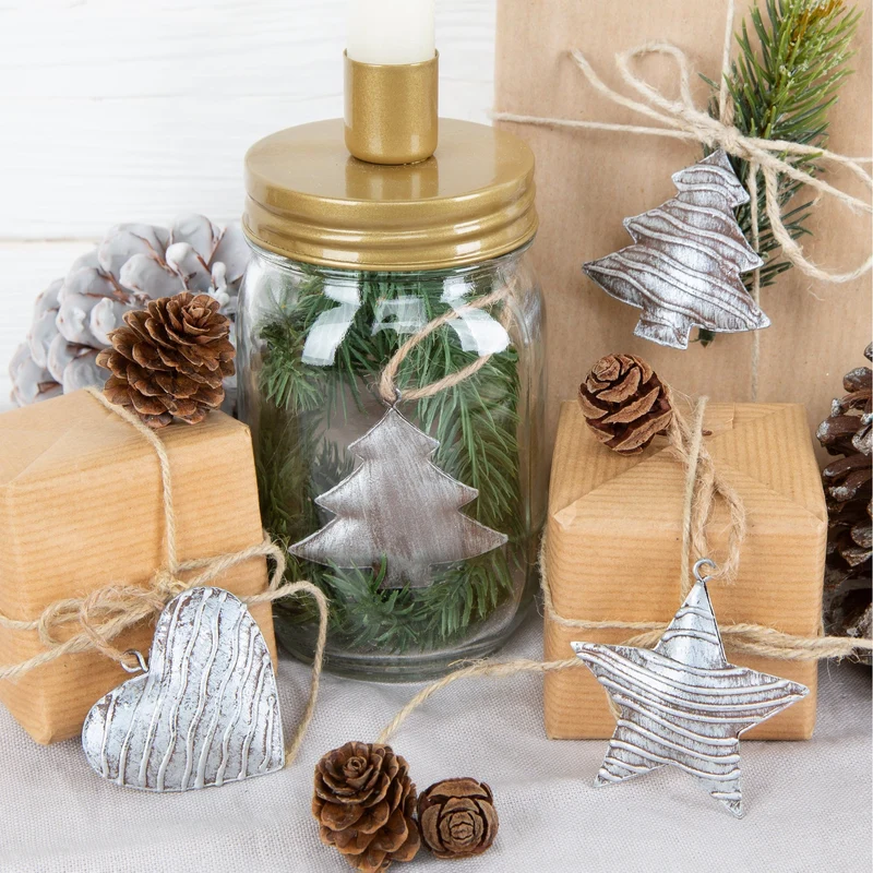 Weihnachtsanhänger Set 3 x 3 silberfarbene Anhänger Baum + Stern + Herz aus Metall