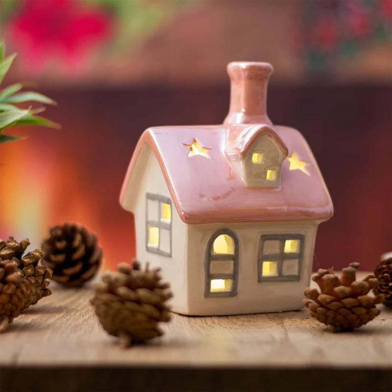 Christmas LED House Ornament | Pink Roof Ceramic LED House Light up Decoration