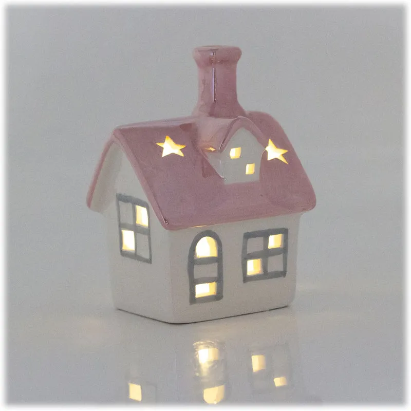 Christmas LED House Ornament | Pink Roof Ceramic LED House Light up Decoration