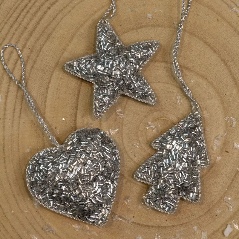 Set of 3 Christmas Tree Hanging Decorations | Silver Baubles Star Tree Heart