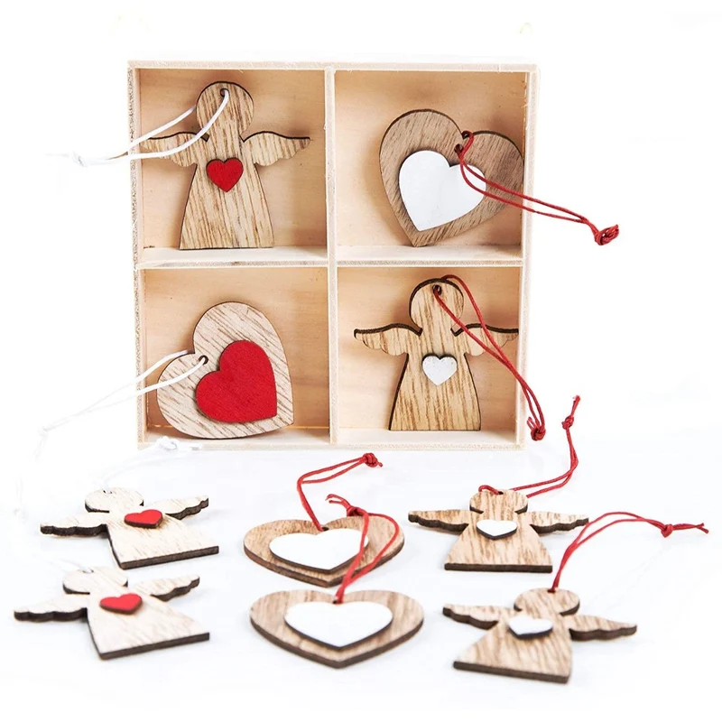 12 Weihnachtsanhänger Engel Herz Natur braun rot weiß Holzengel Holzdeko