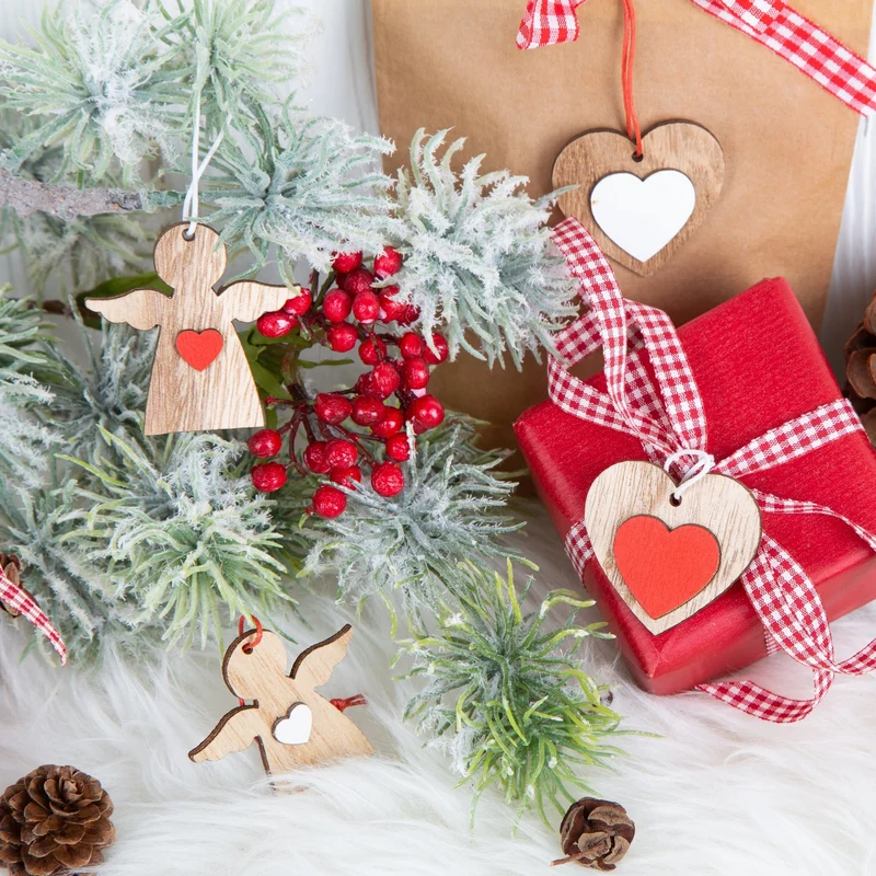 12 Weihnachtsanhänger Engel Herz Natur braun rot weiß Holzengel Holzdeko