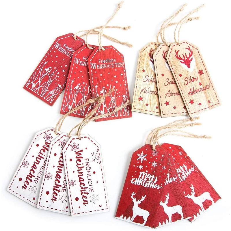 4 x 3 Weihnachtsanhänger rot weiß natur aus Holz 6 x 12 cm Textanhänger Frohe Weihnachten Merry Christmas