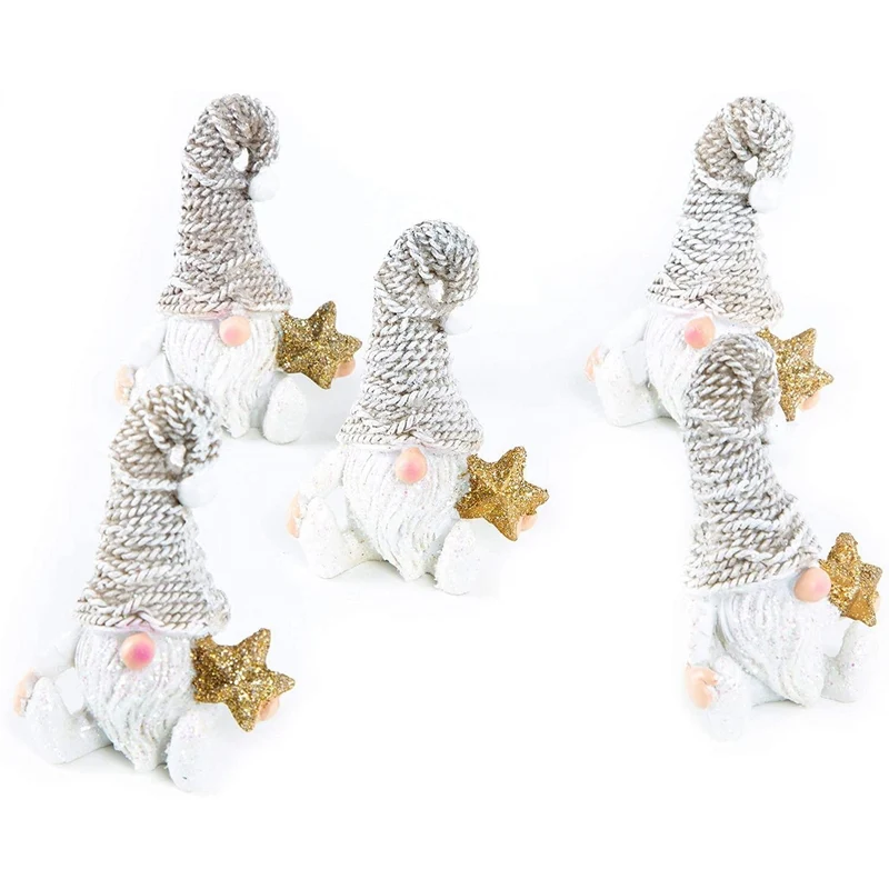 5 kleine Wichtelfiguren weiß braun mit goldenem Stern + Glitzer Zipfelmütze 7 cm