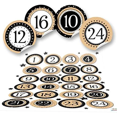 24 Adventskalender Papiertüten z. Befüllen Set: Tüten + 1 bis 24 Aufkleber + KLAMMERN – schwarz weiß braun Vintage