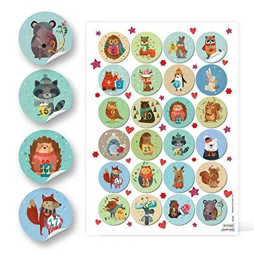 24 kleine Adventskalender zum Befüllen Set: Papiertüten + 1-24 Aufkleber + KLAMMERN – Tiere Weihnachten bunt