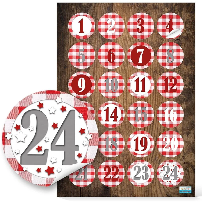 24 Adventskalender Papiertüten z. Befüllen Set Papierbeutel + 1-24 Aufkleber + Klammern rot weiß kariert