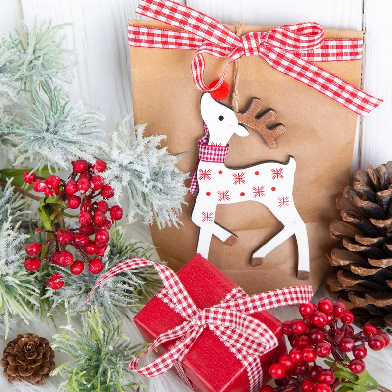 3 süße Weihnachtsanhänger für den Baum: rot weiß gepunktete Rentiere aus Holz 13 cm