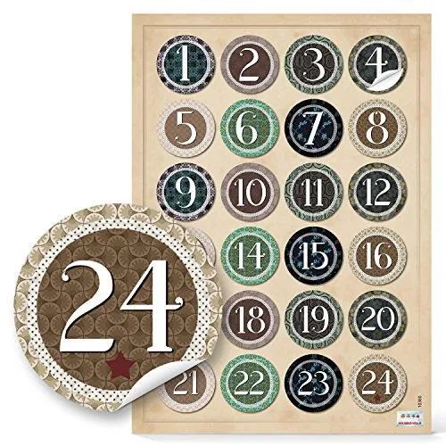 24 kleine Adventskalender Papiertüten z. Befüllen Set: Papierbeutel + 1 bis 24 Aufkleber + Klammern - Vintage braun