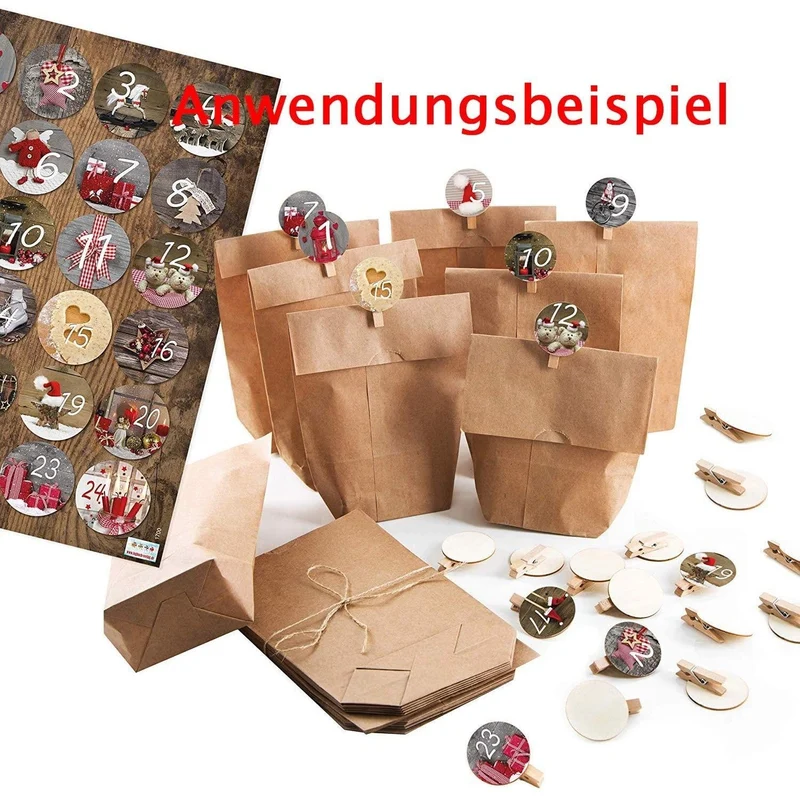 1-24 Nummern zum Adventskalender basteln: Aufkleber + Holzklammer rund 4 cm - rot braun Weihnachtsmotive