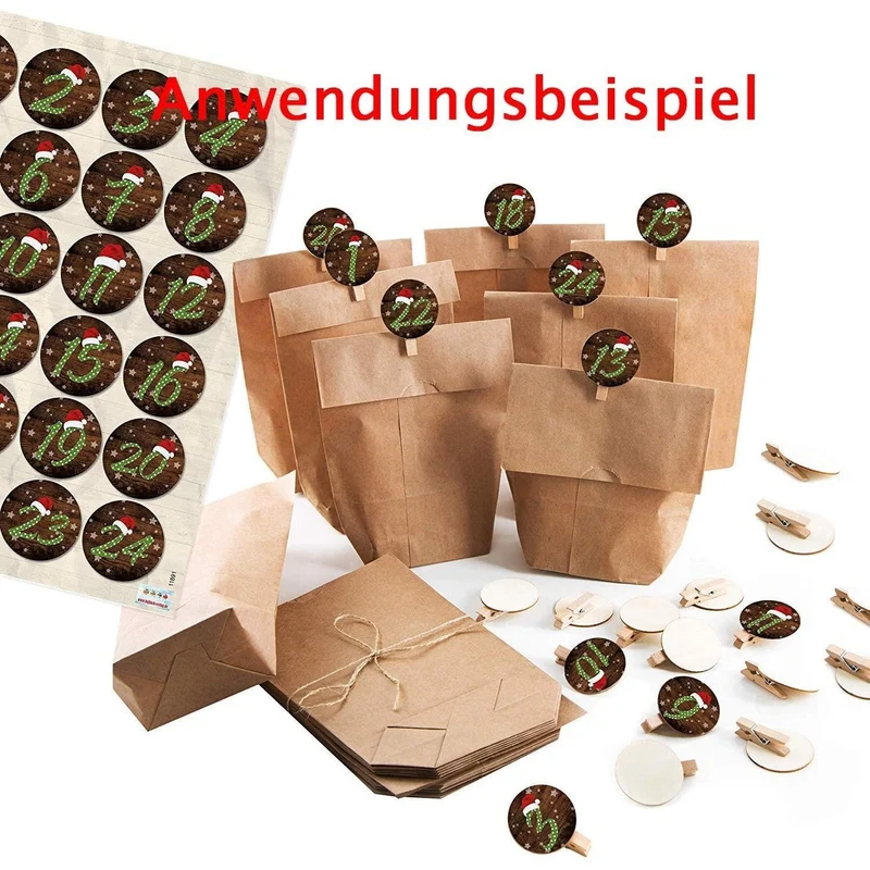 1 bis 24 Nummern zum Adventskalender basteln: Aufkleber + Holzklammer rund 4 cm rot grün gepunktet