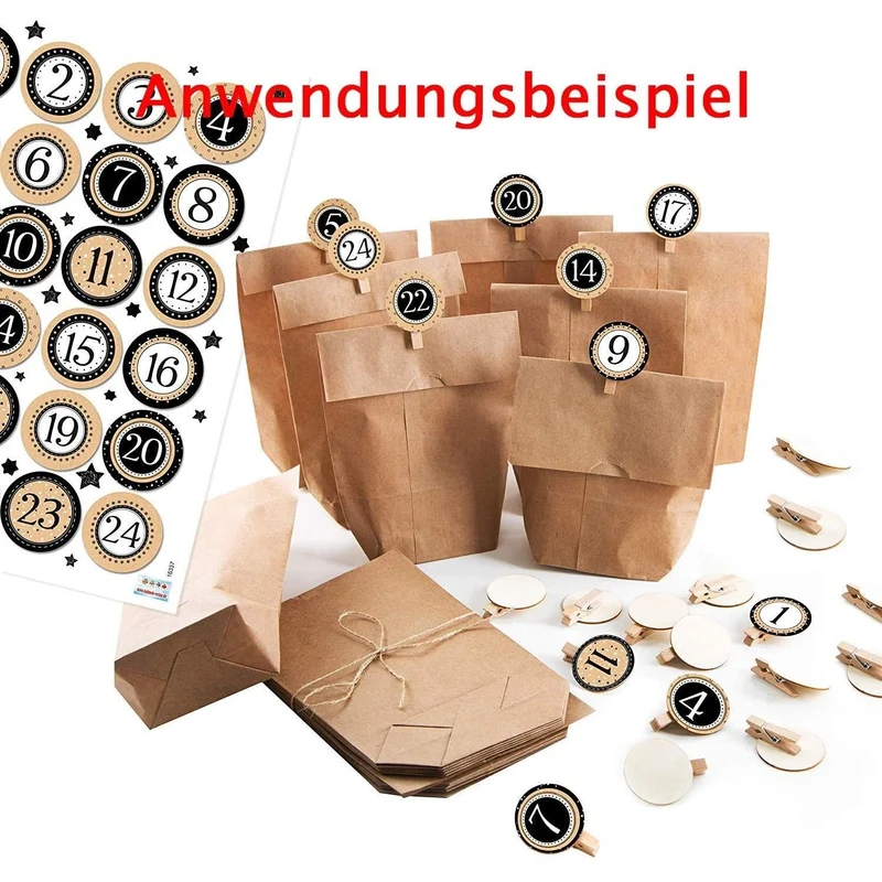 Adventskalenderzahlen Klammern - 24 Aufkleber mit Zahlen + Holzklammern - gold schwarz weiß