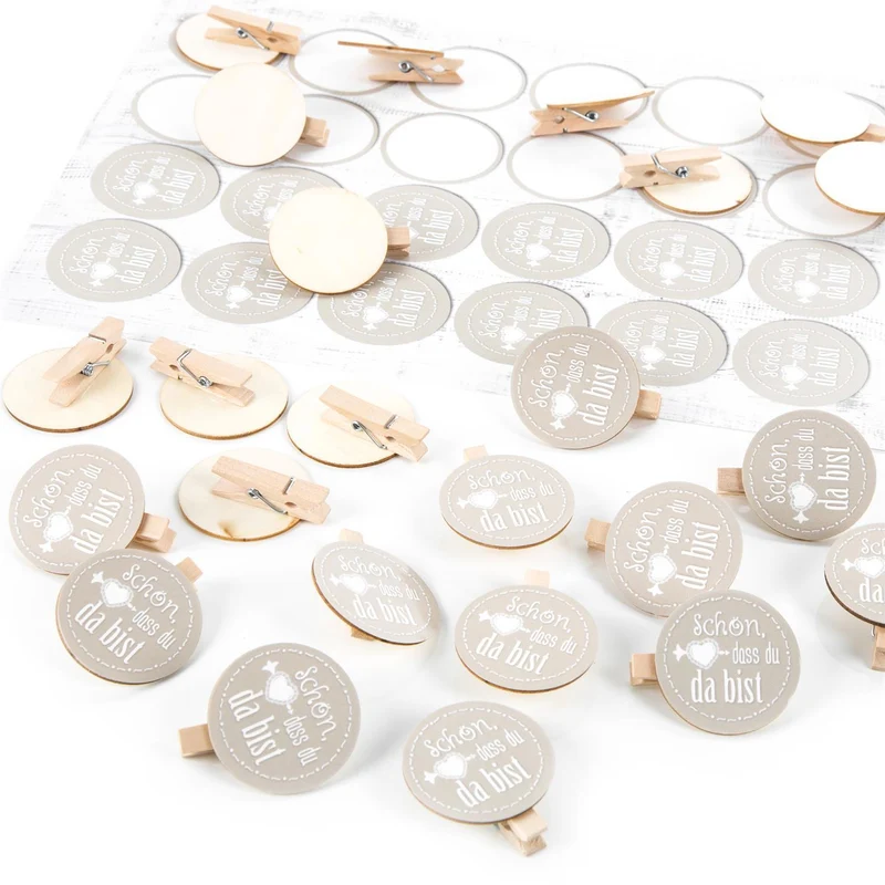 24 Klammern aus Holz + 24 runde Sticker Schön, dass du da bist - beige creme - Deko Give-Away Hochzeit