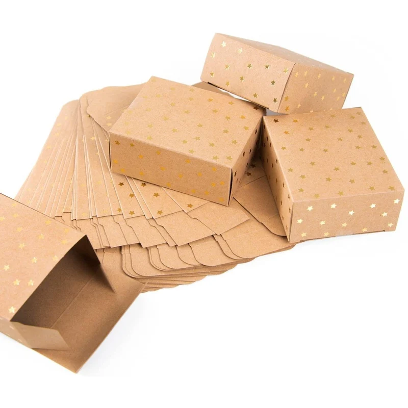 24 Geschenkboxen braun 10 x 4 x 8 cm mit goldenen Sternen