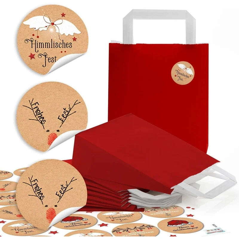 Rote Henkeltüten 18 x 8 x 22 cm mit runden Weihnachtsaufklebern in Beige-Rot oder Braun-Rot