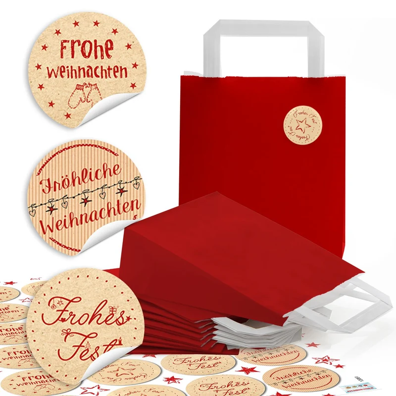 Rote Henkeltüten 18 x 8 x 22 cm mit runden Weihnachtsaufklebern in Beige-Rot oder Braun-Rot