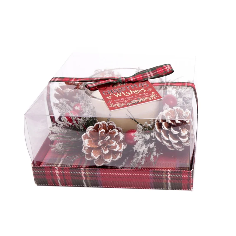Christmas Wreath Scented Fragranced Candle Pot Ornament ~ Xmas Table Centrepiece Decoration ~ White Wax - Spiced Clove & Ginger
