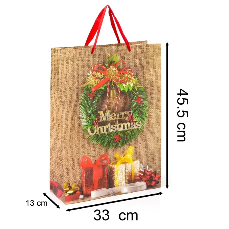 XL Extra Large Christmas Gift Bag 45 x 33cm | Traditional Christmas Wreath Glitter Paper Gift Bag | Christmas Present Bag Xmas Gift Bag