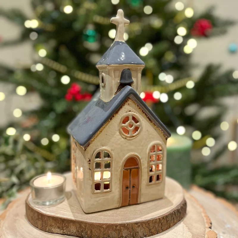 Village Church Tealight Candle Holder | Rustic Pottery Chapel Tea Light Ornament