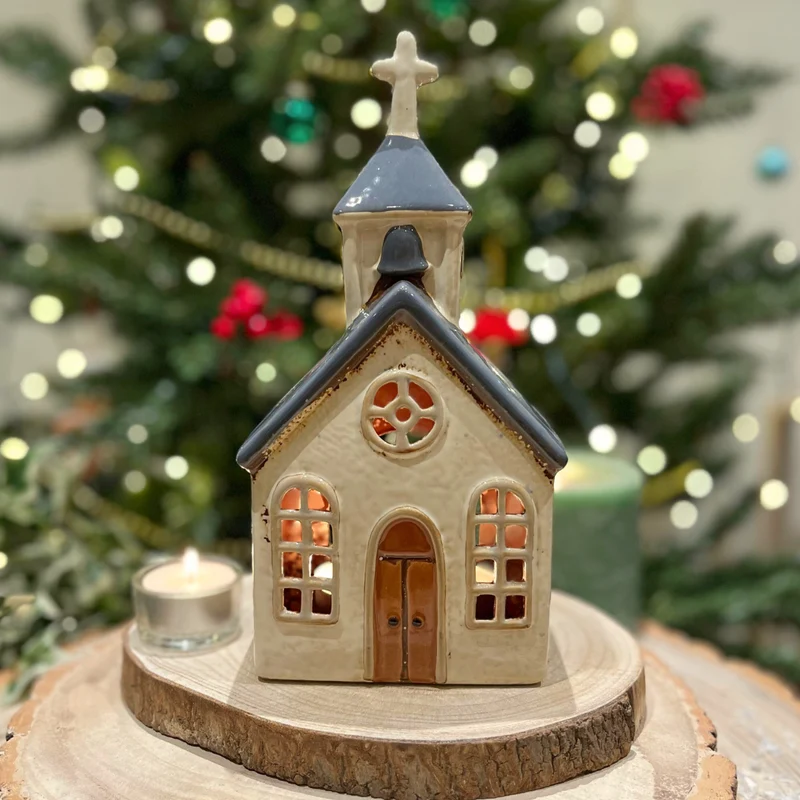 Village Church Tealight Candle Holder | Rustic Pottery Chapel Tea Light Ornament