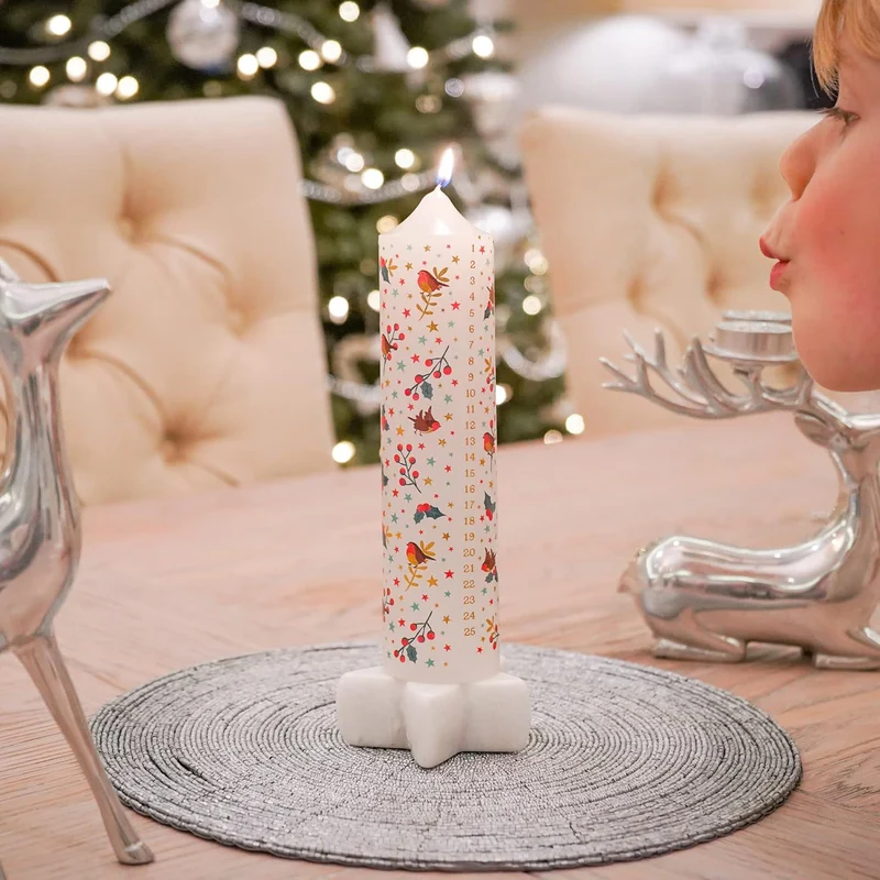 Set of 2 Deck The Halls Christmas Advent Candles | Christmas Pillar Candles