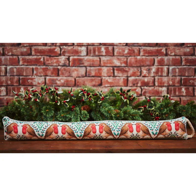 94cm Christmas Robin And Holly Fabric Draught Excluder For Doors | Winter Draft Excluder Door Cushion | Festive Holly & Ivy Draft Insulator Door Draught Cushion