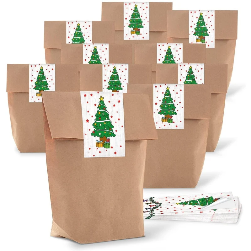 Kraftpapiertüten mit Boden 14 x 22 x 5,6 cm mit Weihnachtsbaum-Aufkleber grün-weiß-rot