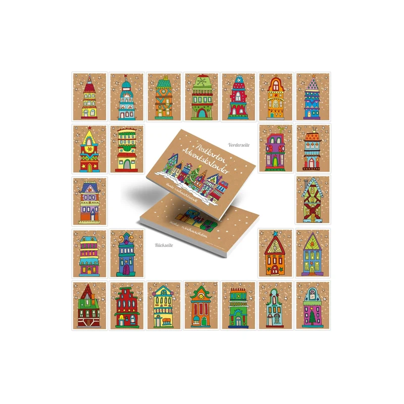 24 Weihnachtspostkarten DIN A6 – Weihnachtsmotive bunt, ideal als Adventskalender